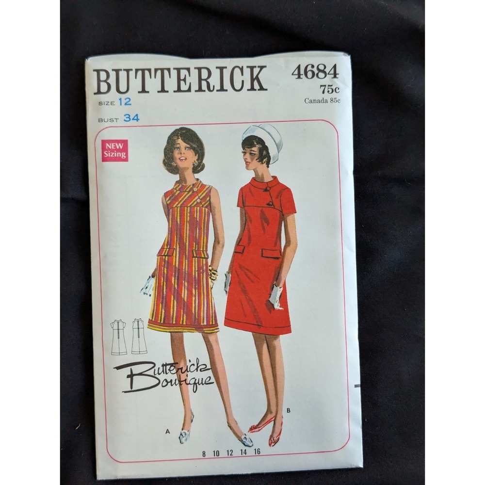 VTG 1968 Butterick Pattern 4684 Boutique Dress Size 12 Uncut